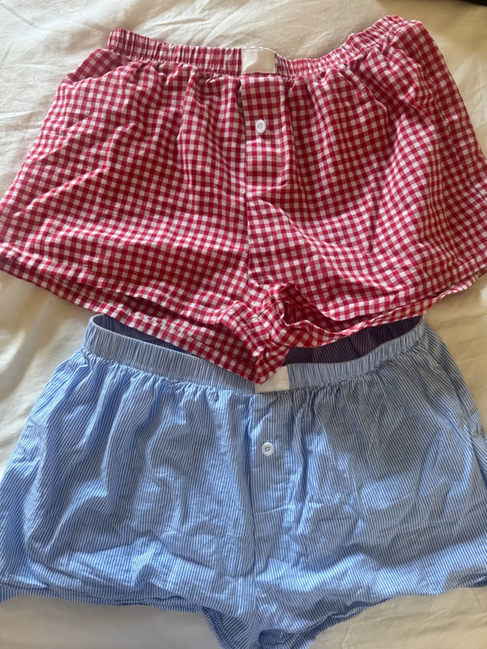 Set of Two Boxer-Style Lounge Shorts in Red Gingham and Blue Stripe